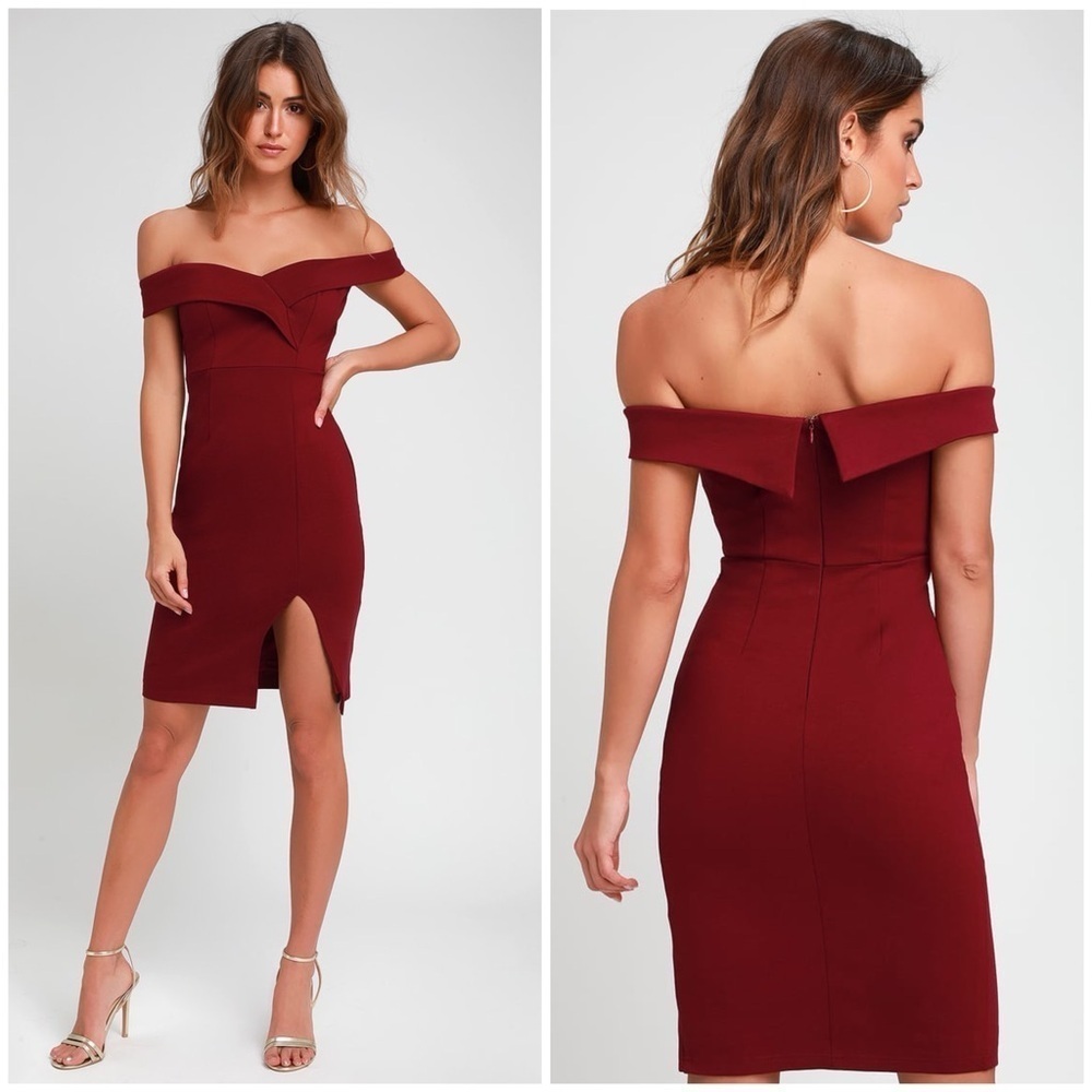 Lulu's Classic Glam Burgundy Off-the-Shoulder Bodycon Dress Sz XS NWT